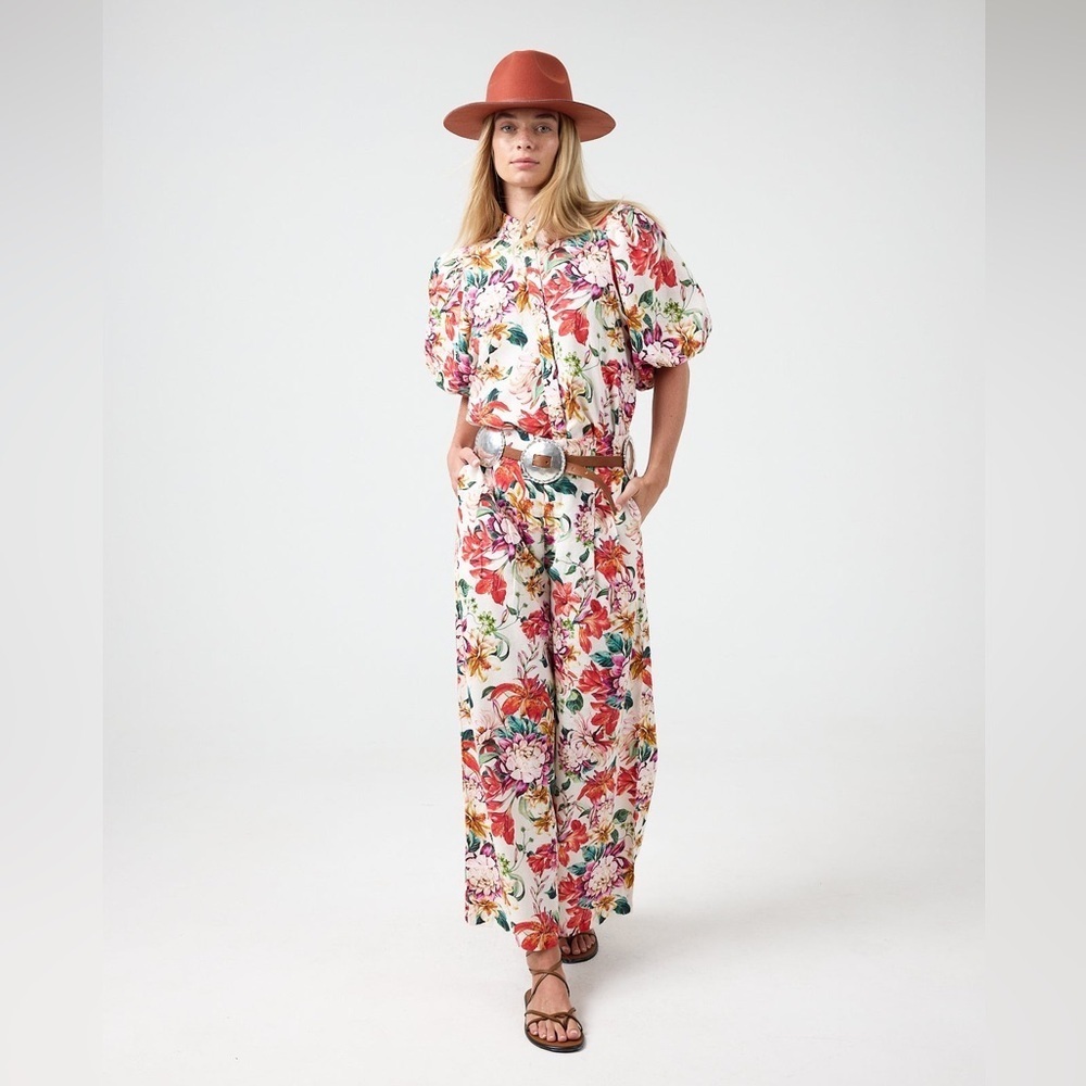NEW LANHTROPY culotte linen pants in Full Bloom Print Small NWT wide leg
